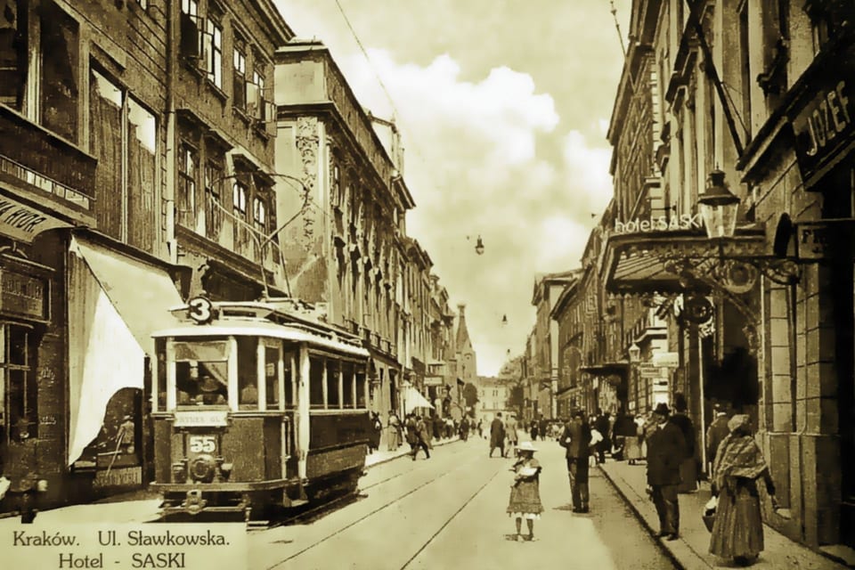 Ulica Sławkowska z tramwajem SN1 linii 3, 1914