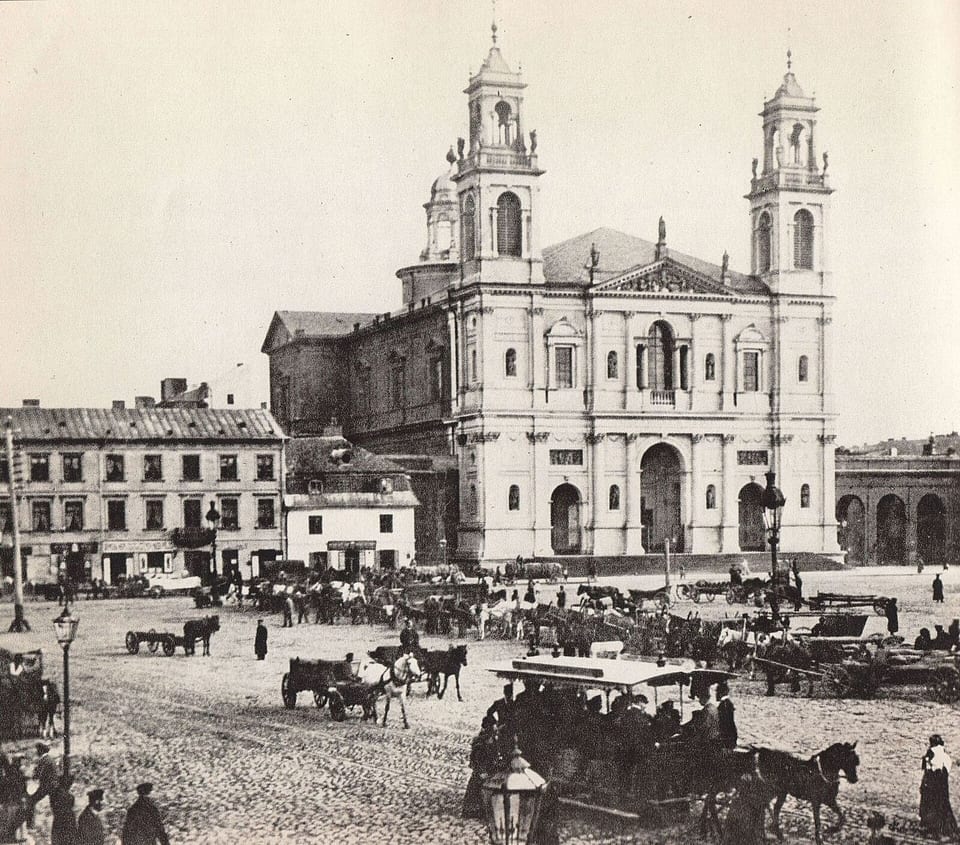 Grzybowski Square in Warsaw with a horse-drawn tram, nineteenth century